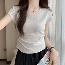 Comprar Camiseta Corta Con Cuello En V Y Manga Corta Para Mujer