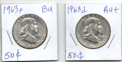 1963 P D 2 Moneda Plata 50c Franklin Antigua Ley .9 Lote Raj