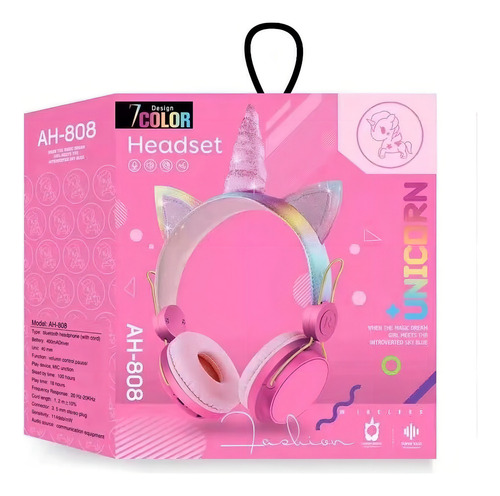 Fones de ouvido para jogos sem fio Extra HQ, microfone auxiliar de 3,5 mm e computador Bluetooth, tablet Android, iPhone, fones de ouvido Unicorn 2022, rosa