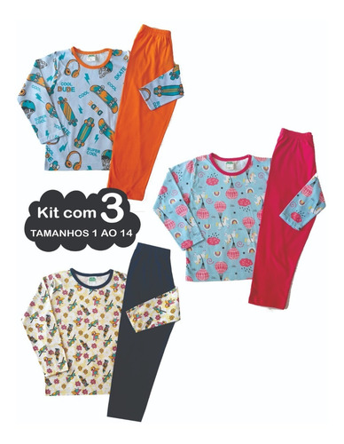 3 Pijama Infantil Menino Menina Juvenil Roupa De Dormir