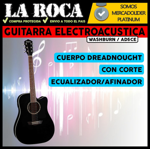 Imagen 3 de 10 de Guitarra Electroacústica Washburn Dreadnought Afinador Eq
