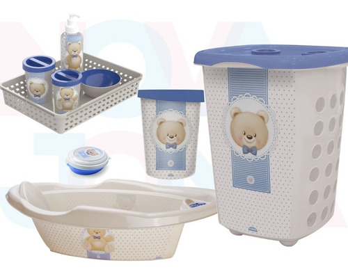 Imagem 1 de 2 de Kit Saboneteira+ Lixeira+ Banheira + Cesto+ Kit Higiene Urso