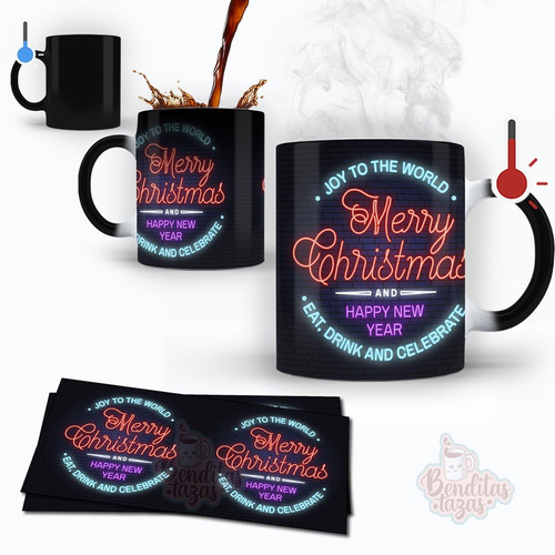 Taza Magica Merry Christmas Diseño Tipo Neon Mod 7 Año Nuevo