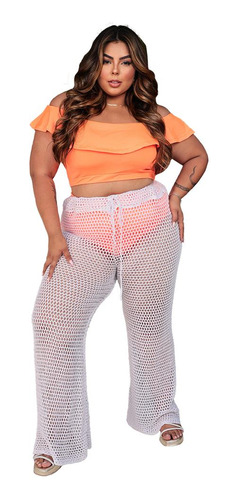 Calça Tricot Plus Size Saída De Praia Verão Feminina Wide