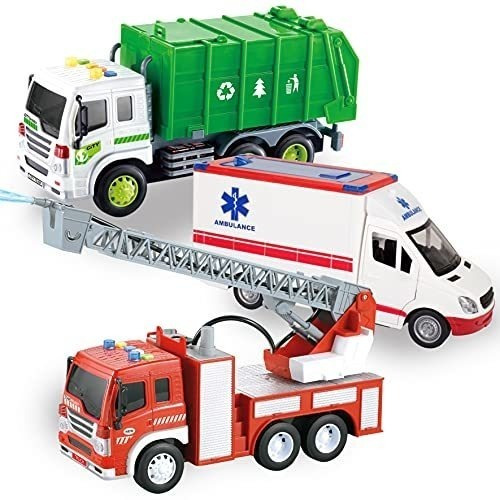 Juego De 3 Vehiculos De Bomberos, Ambulancia Y Reciclaje