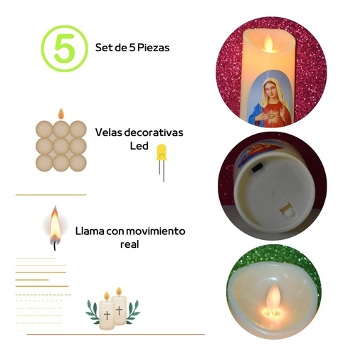 Set De 5 Velas Led 7.5 X 12.0 Cm Con Imágenes Religiosas.
