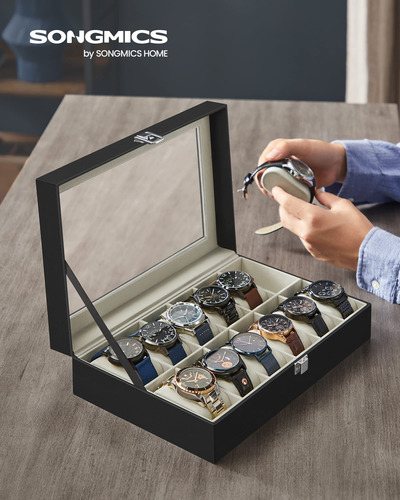 Watch Box Songmics De 12 Ranuras Con Tapa De Cristal Y Cojin
