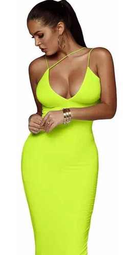 En Stock Abfa Shop Vestido Maxi Cuello Escote Verde Neon