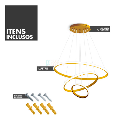 Lustre Pendente Led Moderno Anéis Led 89w 3 Arcos Preto Estrutura Dourado 110v/220v
