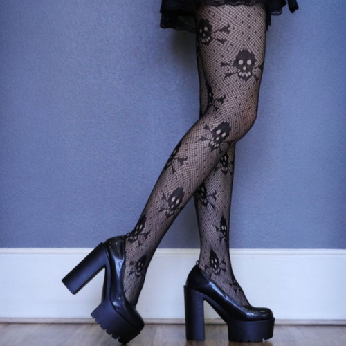 Medias Pantimedias De Red Con Calaveras Lolita Kawaii Negro Unitalla