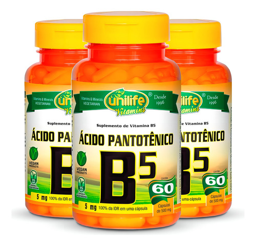 Kit 3 Vitamina B5 Ácido Pantotênico 60 Cápsulas Unilife. Sabor Sem Sabor