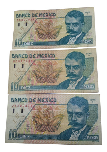 Billetes 10 Pesos Emiliano Zapata 3 Piezas Series C D Y E