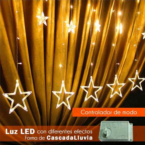 Imagen 5 de 10 de Cortina Guirnalda Estrellas Luz Led Calida Amarilla Efectos