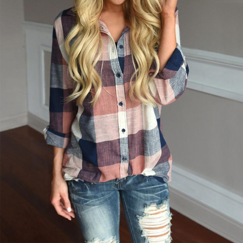Camisa Casual A Cuadros De Algodón Y Lino Para Mujer