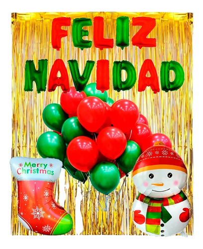 Kit Navidad Globos Verde Rojo Letrero Cortina Muñeco Fin Año