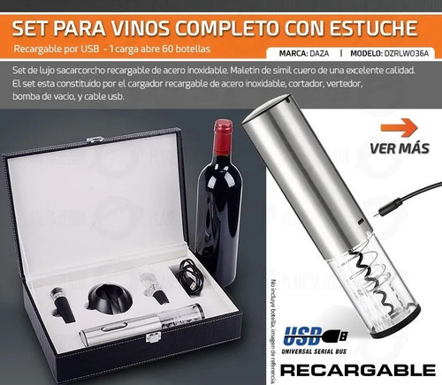 Imagen 2 de 8 de Set Vino Sacacorchos Electrico Cocina Vinos Wo36a