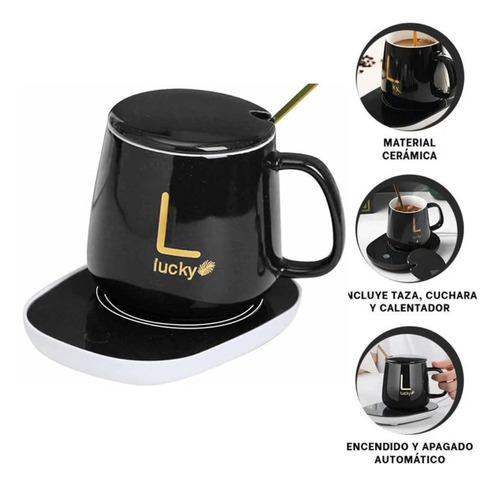 Taza Cerámica Lucky Warm Con Calentador - 400 Ml Set 1 Blanco Taza Ceramica Con Tapa