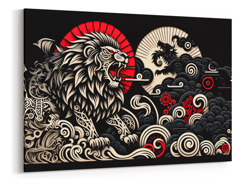 Cuadro Canvas Decorativo León Tribal Estilo Japones 40x60 Cm