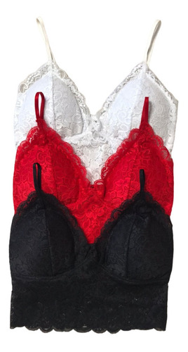 Pack X3 Top Bralette Clasico De Encaje Con Tazas Push Up