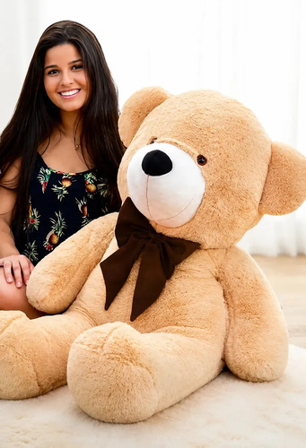 Urso Teddy Gigante Pelúcia Com Laço 1,10m Antialérgico Cor Doce de Leite /Laço Tabaco LuckBaby
