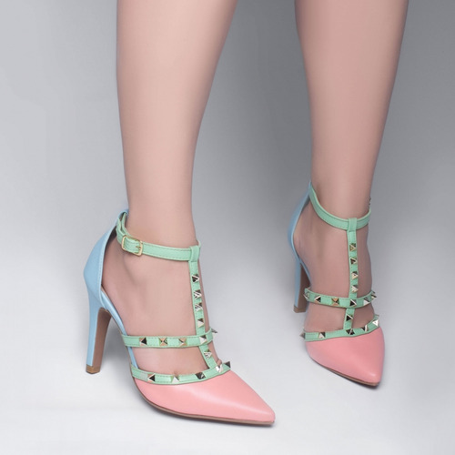 Sapato Scarpin Azul E Rosa Fivela E Pinos Salto Alto 9cm