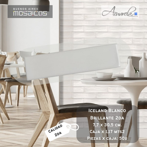 Azulejo Iceland 7,7 X 30 Acurela Blanco Brillante Segunda