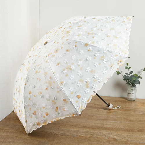 Guarda-chuva Dobrável Com Bordado Floral De Renda De Dupla C