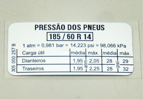 Adesivo Pressão Dos Pneus Gm Opala E Caravan 185/60 R14
