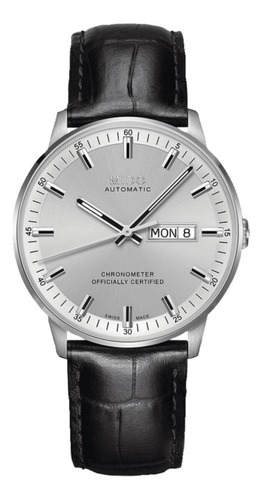 Reloj pulsera Mido M021.431 con correa de cuero color negro - fondo plateado - bisel gris