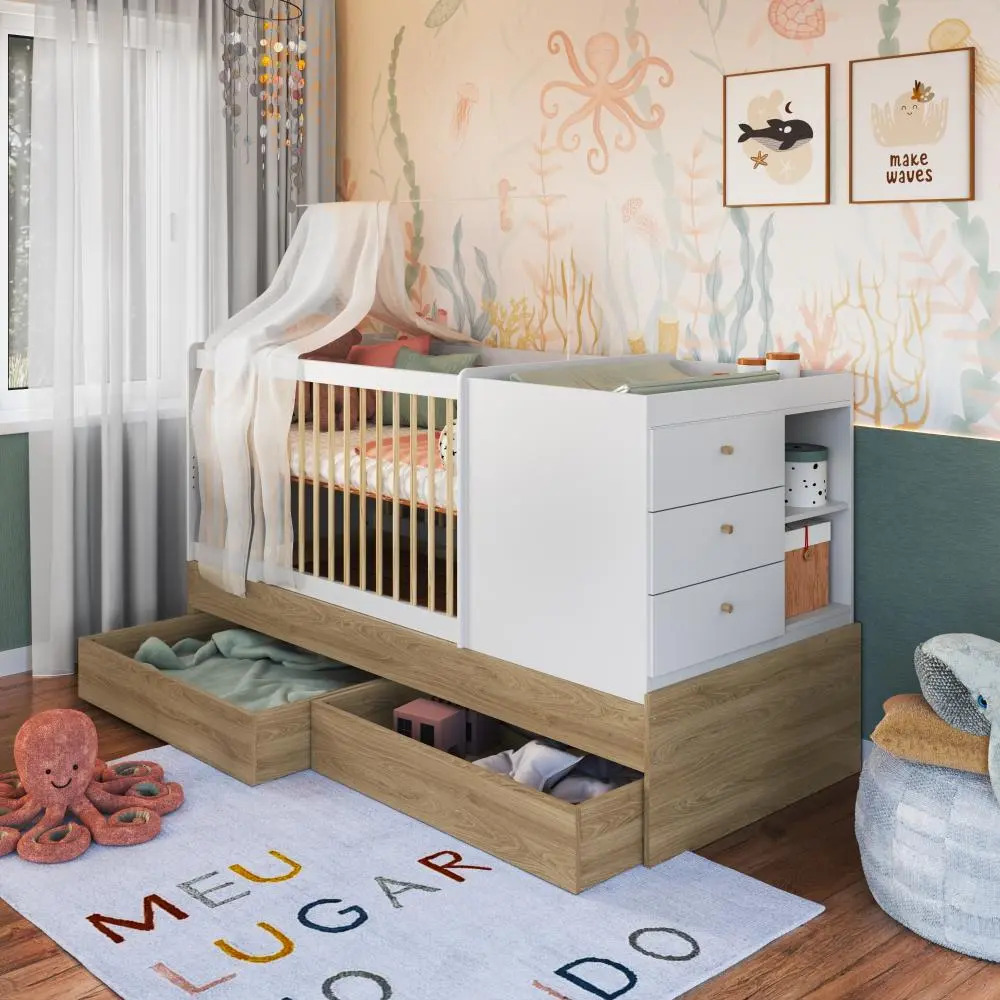 Berço Americano Multifuncional com Cômoda Integrada com Trocador e Gavetões com Rodas Aveiro com Branco