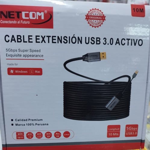 Cable Extensión Usb 3.0 Activo Netcom Macho A Hembra 10 Mts