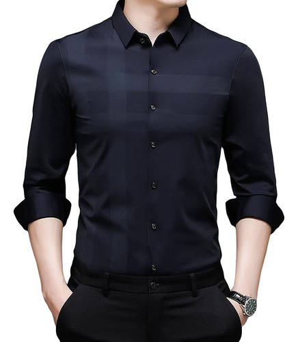 Camisa Vestir Cuadro Para Hombre Arruga Cuello Abatible