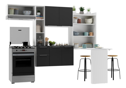 Cozinha Compacta Com Mesa Dobrável Sofia Multimóveis V2009 Cor Branco/Preto