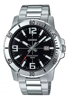 Reloj pulsera Casio Dress MTP-VD01D-1BVUDF de cuerpo color plateado, analógico, para hombre, fondo negro, con correa de acero inoxidable color plateado, agujas color gris, blanco y rojo, dial blanco y