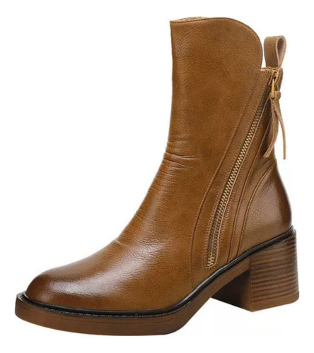 Botas Curtas Marrons Botas Couro Britânicas Com Salto Grosso