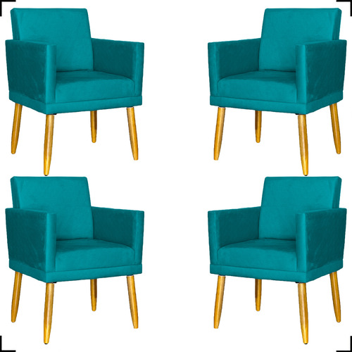 Kit 4 Poltronas Decorativas Para Recepção De Escritório Cor Azul-turquesa Desenho do tecido Suede Liso