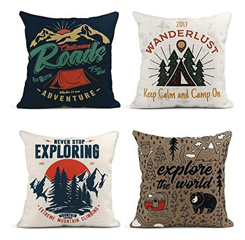 Set Of 4 Throw Pillow Covers College Camping Tent Vinta...