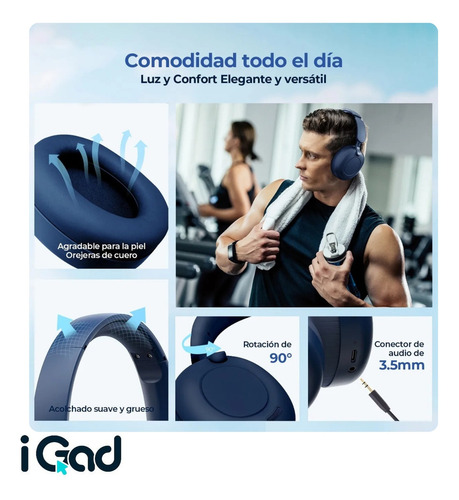 Audífonos Bluetooth 5.3 Igad Hi-res Inalámbricos Diadema Cancelación De Ruido Con Micrófono Y Cable Tipo C Azul