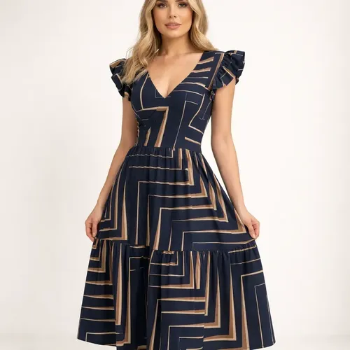 Vestido Feminino Midi Moda Evangélica Elegante Azul Geométrico M 38/40 — R$ 57,99 em Mercado Livre