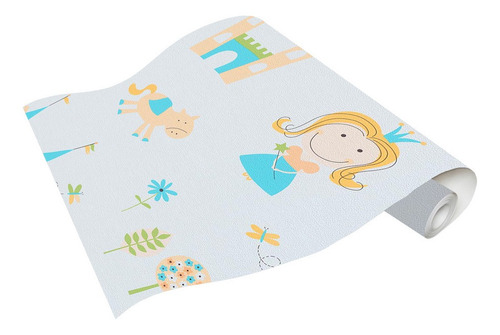 Imagen 3 de 3 de Papel Tapiz Infantil Azul Diseño Princesas Y Castillos