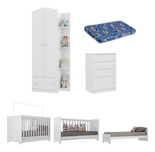 Imagem 6 de 8 de Quarto Infantil C/ Berço 3x1 Colchão Multimóveis Fg3034 Bco