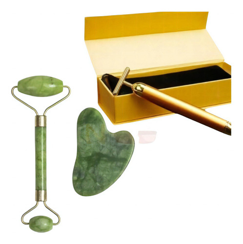 Kit Massagem Rosto Pedra Jade+ Massageador Dourado Anti Ruga