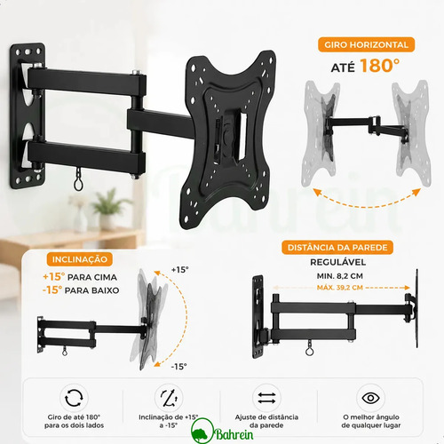 Suporte De Tv Articulado Bahrein Universal Para Telas De 10 A 55 Preto - Suporte Tv Tri Articulado Braço Longo Reforçado Regulável E Inclinável Lcd Led Plasmas - Bahrein