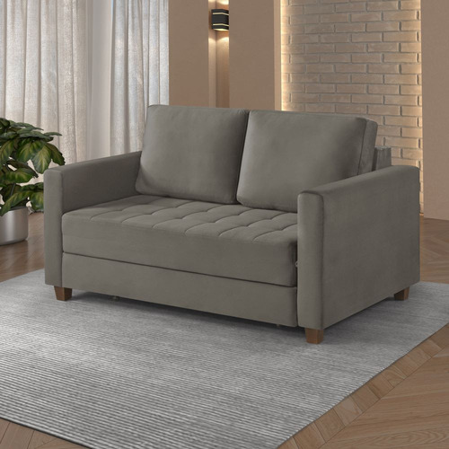 Sofá Cama Marcelle 2 Lugares 150 Casal Veludo Paris Pés Mad Cor Prata Com Castanho
