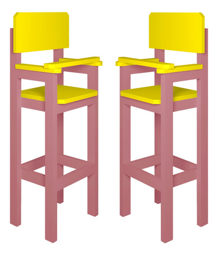 Kit 2 Cadeiras Alta Refeição Infantil Mdf Rosa/amarelo
