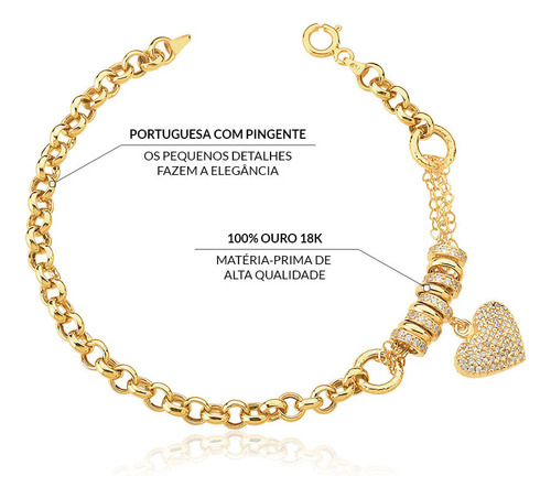 Pulseira Feminina Em Ouro 18k Portuguesa Com Pingente E Argo