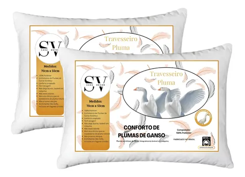 Kit 2 Travesseiro Toque Pluma Ganso Antialérgico 50x70 Macio Branco