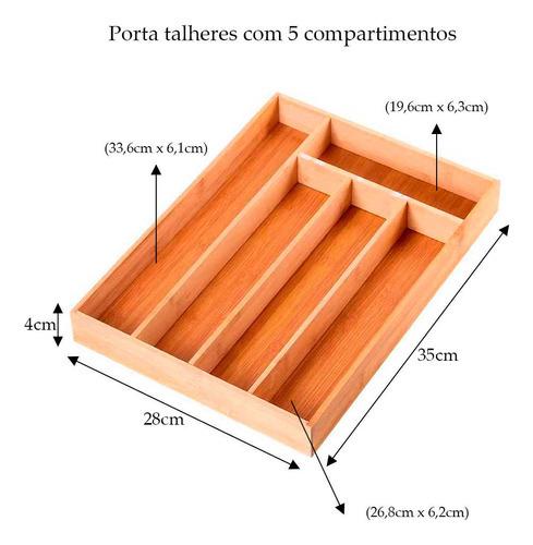 Porta Talher Bambu 5 Divisórias Utensílios Gaveta Garfo Faca