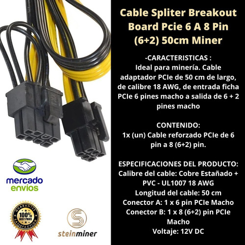 Imagen 2 de 7 de Cable Spliter Breakout Board Pcie 6 A 8 Pin (6+2) 50cm Miner