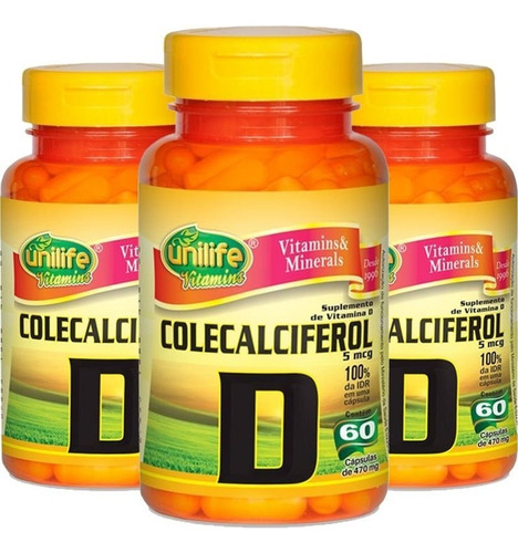 Kit 3 Vitamina D Colecalciferol 60 Cápsulas Unilife Sabor Neutro